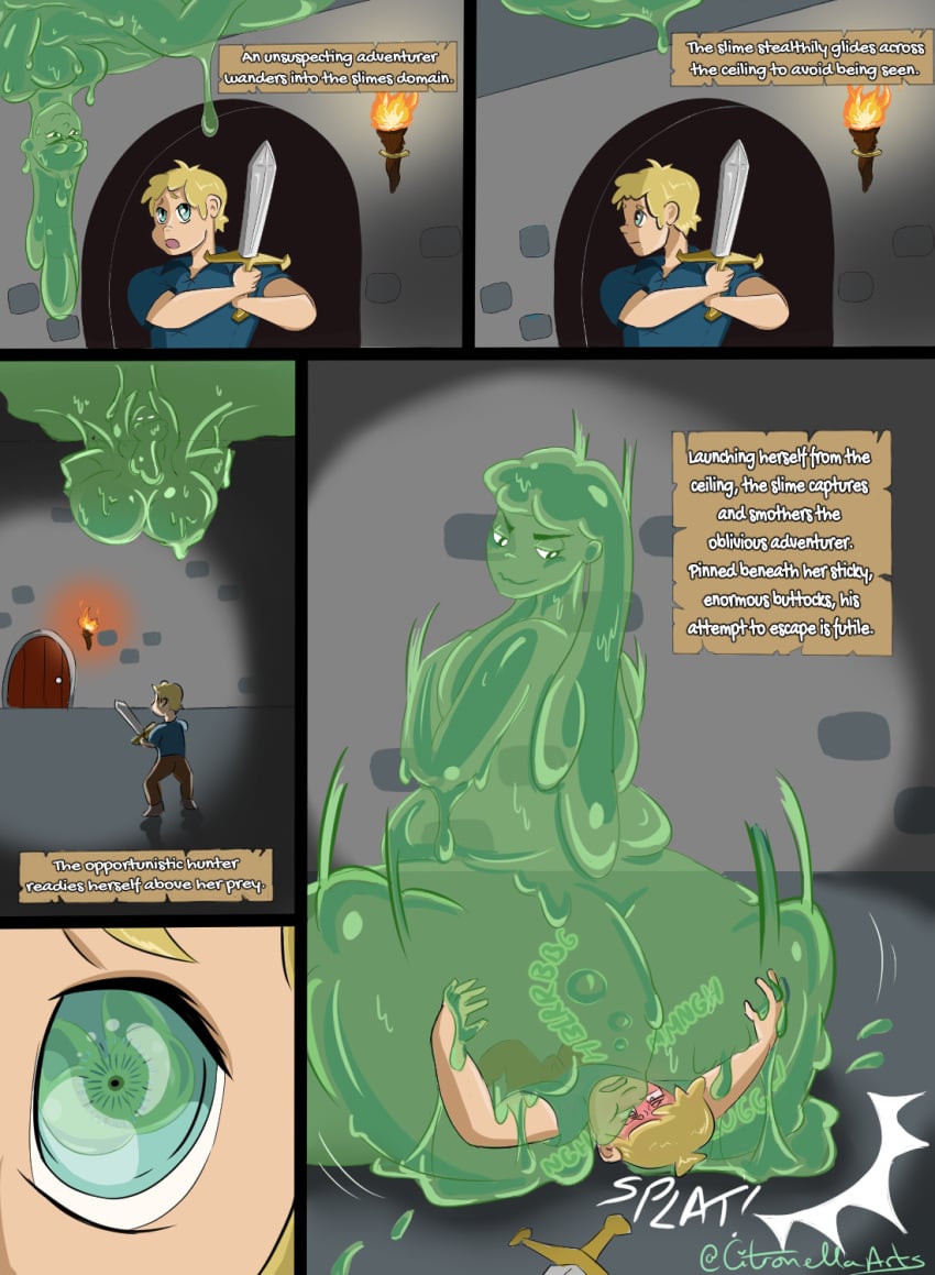 adventurer air_bubbles bestiary blush cant_breathe captured citronarts comic dominant_female dungeon dungeons_and_dragons facesitting femdom goo_creature goo_girl gooey green_body larger_female monster monster_girl muffled_moaning muffled_scream predator/prey prey self_upload size_difference slime slime_girl smothered smothering smothering_ass smug_face sticky stuck stuck_in_ass submissive_male trapped trapped_in_butt