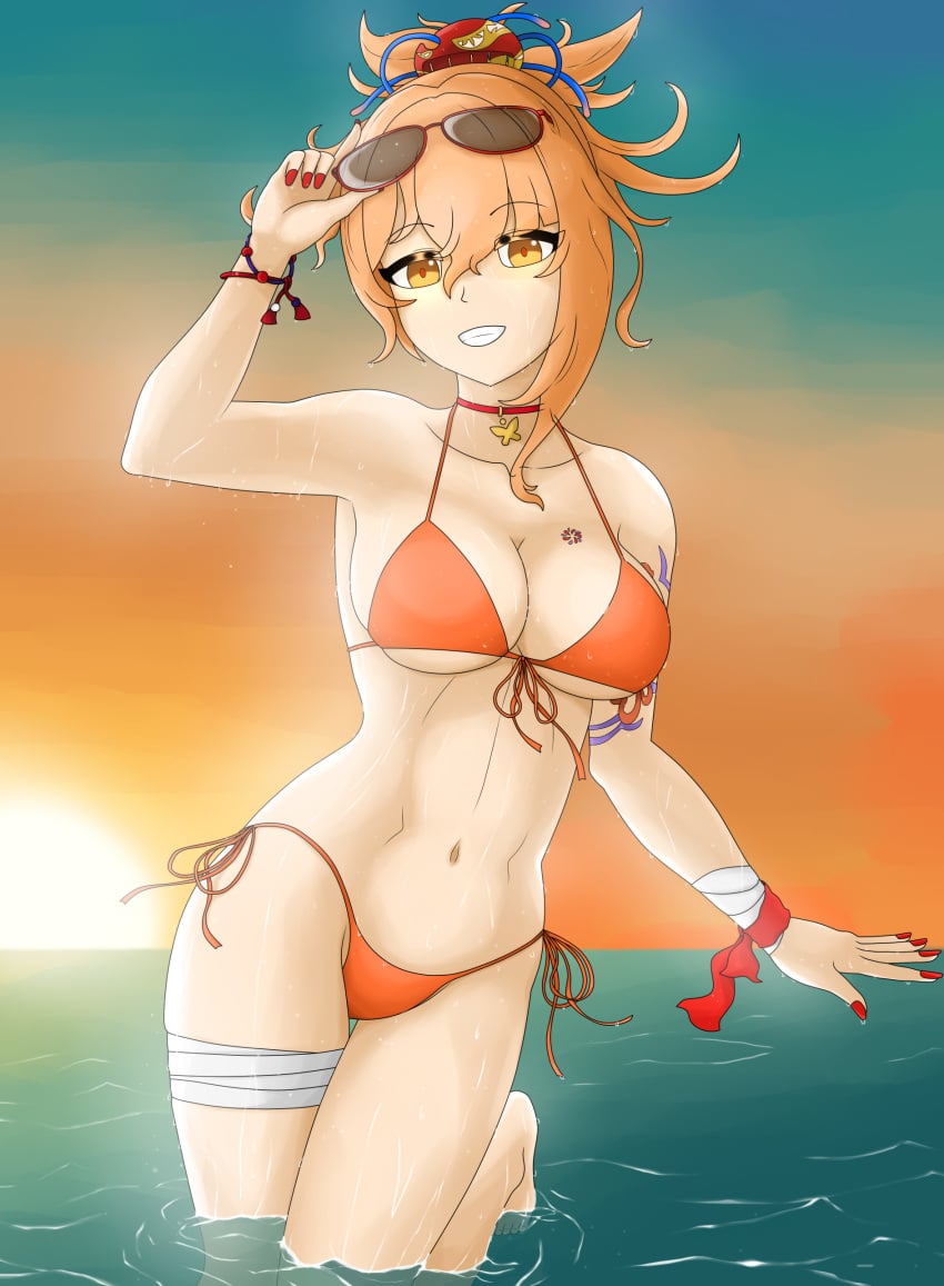 1girls ale_131 bandage bandaged_arm bandaged_leg bikini cleavage female female_focus female_only front_view genshin_impact highres hoyoverse light-skinned_female light_skin looking_at_viewer ocean orange_bikini orange_eyes orange_hair red_nails short_ponytail smiling smiling_at_viewer solo solo_female standing standing_in_water summer sun sunglasses sunglasses_on_head sunset swimsuit tattooed_arm tattoos teenager thong thong_bikini water wet wet_body yoimiya_(genshin_impact)