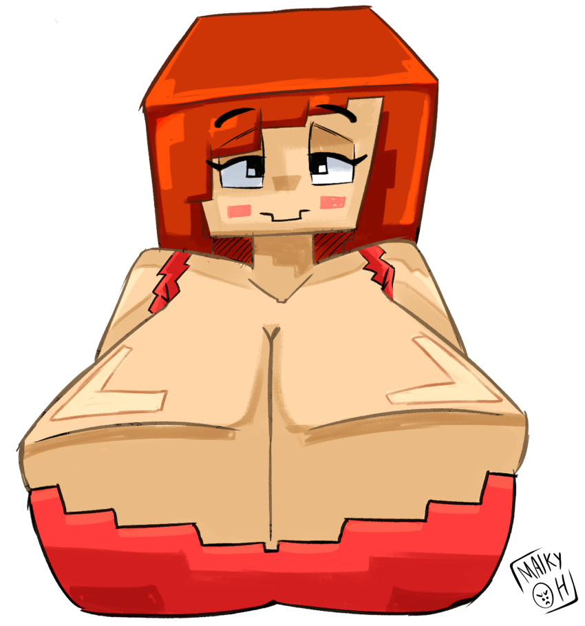 breasts_bigger_than_torso brown_hair cubic_breasts maikyoh minecraft red_dress