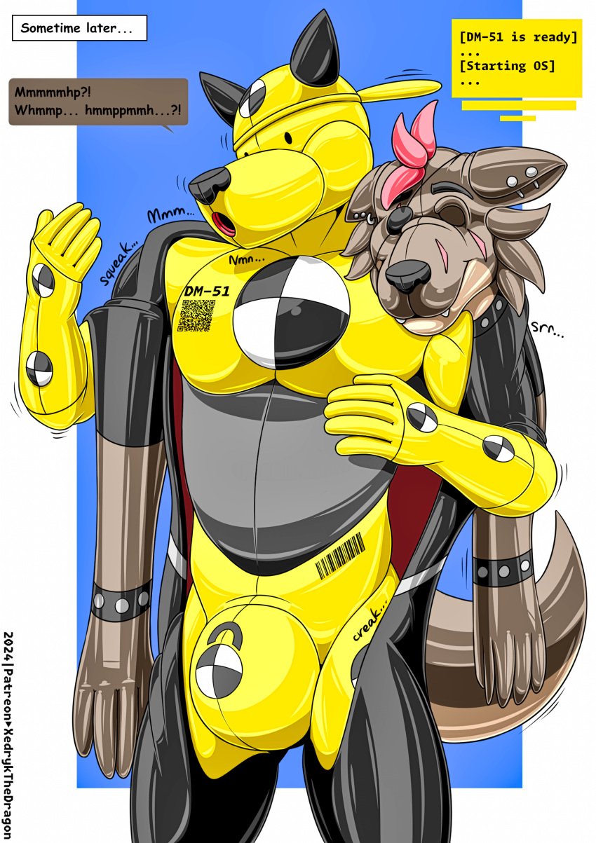 after_transformation anthro bound canid canine canis criminal dronesuit dummy encasement furry goo_(disambiguation) hero hi_res hr hyena latex mammal null_bulge punishment toysuit transformation wolf xedryk