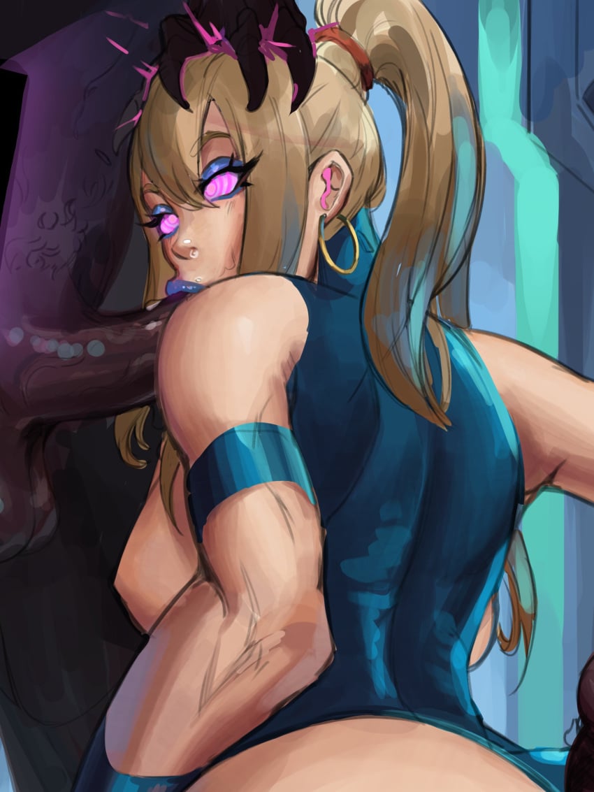 1girl bimbo blonde_hair blue_lipstick breasts earrings eyeshadow fellatio female female_focus femsub lipstick metroid nintendo penis samus_aran spiral_eyes tech_control zelhypno