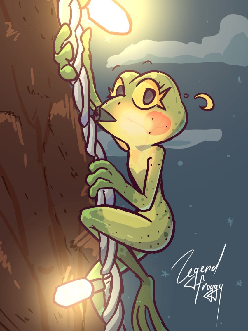 1girls amphibian climbing featureless_breasts female frog legendfroggy nude staring tagme