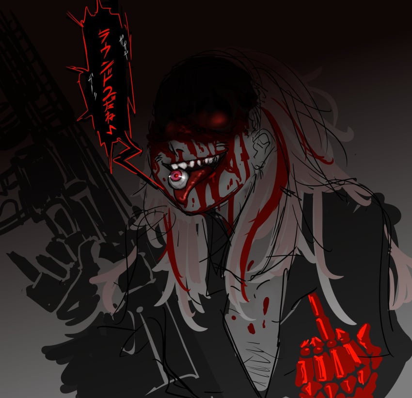 ar-15 black_jacket blood blood_on_face blood_splatter dark female girls'_frontline grey_background gun highres holding holding_eyeball holding_gun holding_weapon jacket long_hair m4_sopmod_ii_(girls'_frontline) mechanical_hands middle_finger pink_hair red_eyes rifle sharp_teeth shishitou_(tougarashikarai) single_mechanical_hand teeth tongue tongue_out weapon