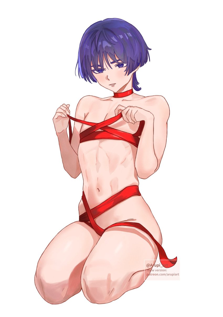 arupi_art barely_clothed christmas christmas_decorationscute genshin_impact male male_only naked naked_male no_genitals present puppet purple_hair ribbon scaramouche_(genshin_impact) short_hair sitting small_waist thick_thighs tied_up wanderer_(genshin_impact)