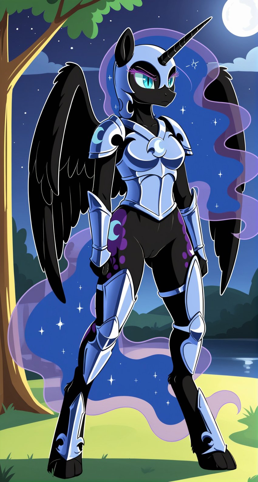 1girls 2024 ai_generated alicorn annoyed anthro armor black_body black_feathers blue_eyes bottomless bottomless_female cutie_mark digitigrade equine eyeshadow female female_only hasbro hi_res innie_pussy moon my_little_pony my_little_pony_friendship_is_magic night nightmare_moon_(mlp) outdoors pussy royalty slit_pupils unicorn_horn wings