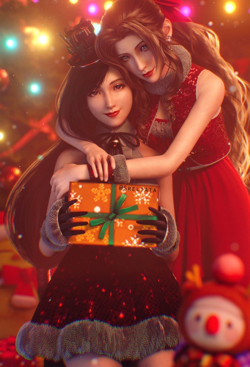 3d 3d_(artwork) aerith_gainsborough artist_name black_hair bracelet brown_hair christmas christmas_decorations christmas_dress christmas_outfit final_fantasy final_fantasy_vii final_fantasy_vii_remake fit_female gift gift_box gift_wrapped gloves green_eyes hat highres lipstick long_hair looking_at_viewer moogle posing posing_for_the_viewer red_dress red_eyes red_lipstick scarf sreliata_(artist) tifa_lockhart toned wristband