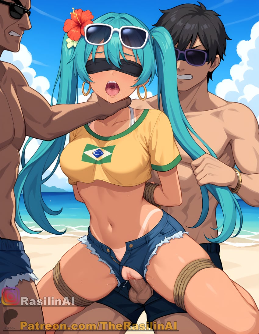 ai_generated blindfold blindfolded blue_hair bondage bound brazilian_miku denim_shorts earrings forced hatsune_miku light-skinned_male light_skin male open_mouth penis pussy pussy_juice rape rasilinai restrained rope saliva stable_diffusion strangling tan tanline tongue twintails vocaloid