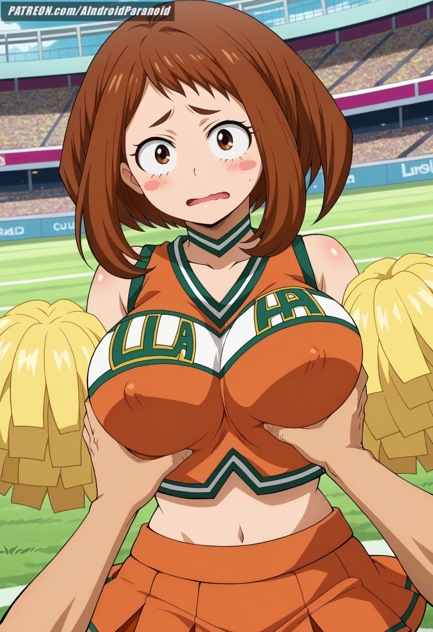 ai_generated aindroidparanoid ass big_ass big_breasts big_butt boku_no_hero_academia breast_grab brown_eyes brown_hair busty cameltoe cheerleader cheerleader_outfit cheerleader_uniform curvy cute fat_ass female female_only grabbing_breasts hips huge_breasts large_breasts legs my_hero_academia narrow_waist ochako_uraraka panties pom_poms short_hair skirt slim_waist squeezing squeezing_breast stable_diffusion thick_thighs uraraka_ochako voluptuous waist wide_hips