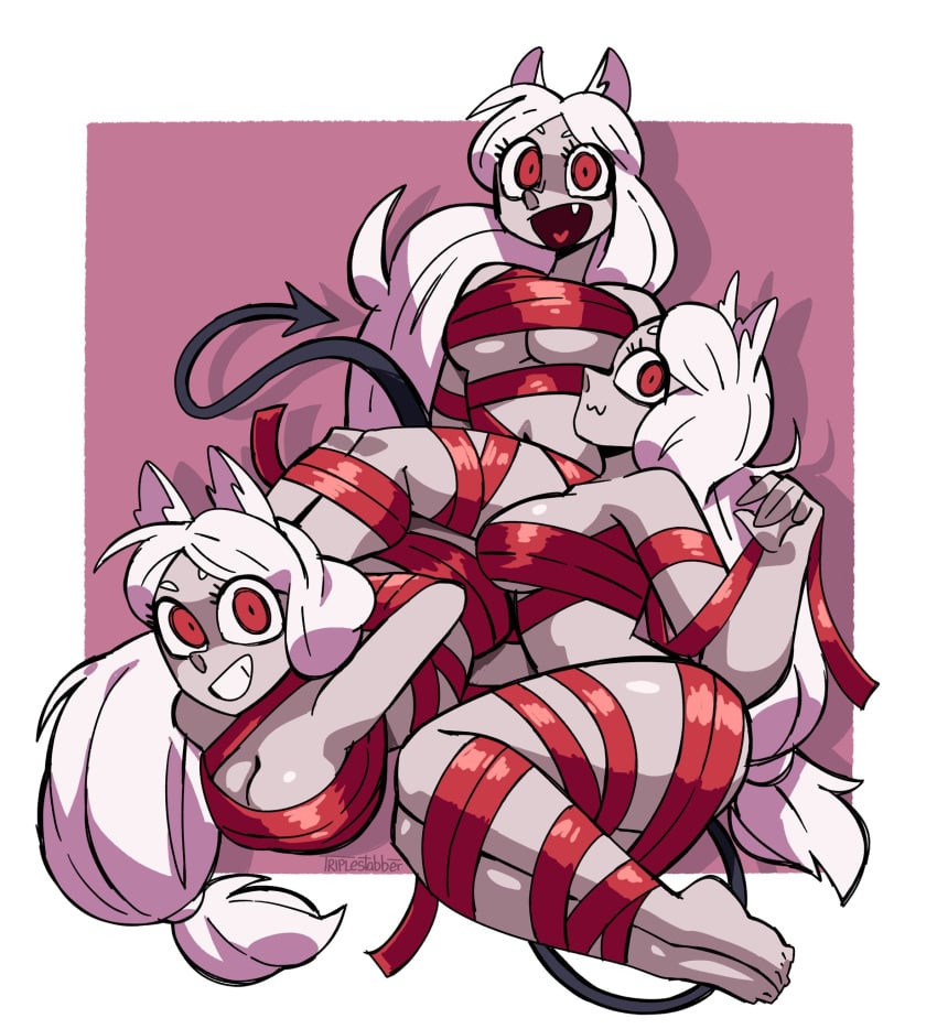 3girls animal_ears arms_behind_back arms_tied_behind_back cerberus_(helltaker) christmas demon demon_girl demon_horns demon_tail fang fangs happy happy_female helltaker holiday_clothing legs_tied legs_tied_together legs_together pile red_eyes ribbon ribboned_body simple_background simple_eyes smile smiling smiling_at_viewer tagme tail triplestabber white_hair wrapped wrapped_breasts wrapped_legs wrapped_up