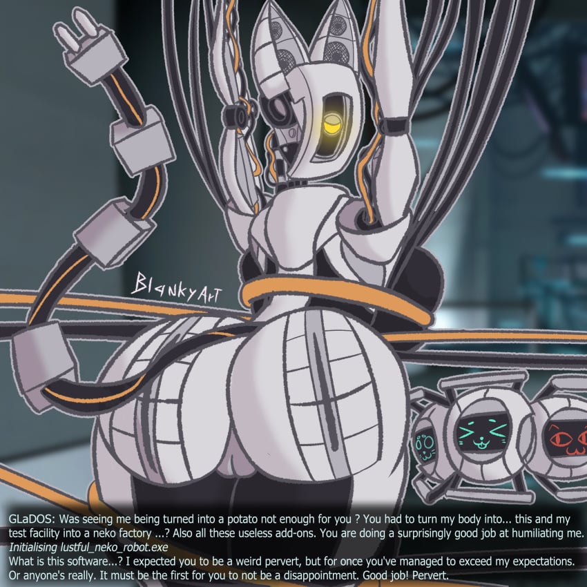 >w< 1:1 2024 anthro ass big_breasts big_butt blankyart bondage bondage bound breasts dialogue digital_media_(artwork) electrical_plug_tail female genitals glados hi_res humanoid machine metallic_body owo portal_(series) pussy raised_arms rear_view robot robot_humanoid signature solo tail text unimpressed valve wire