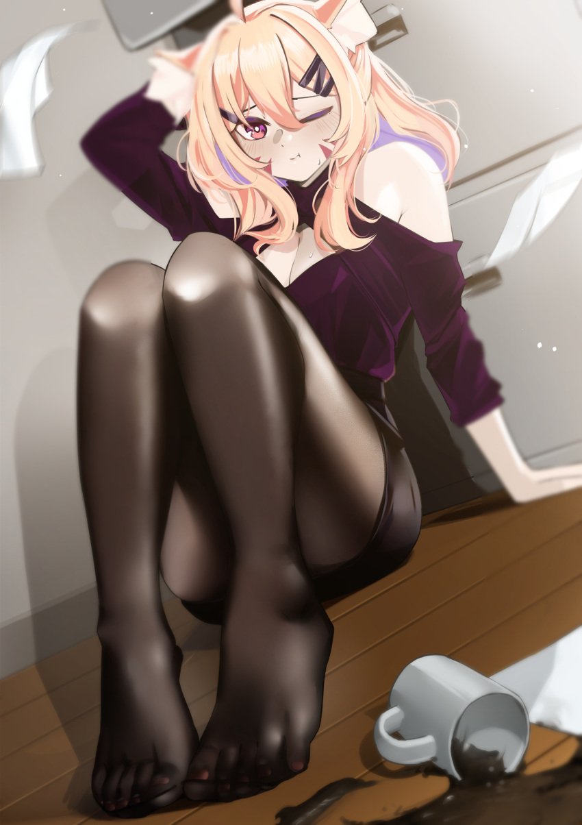 animal_ears bangs bare_shoulders black_legwear black_skirt blonde_hair blurry blurry_background blurry_foreground blush breasts cleavage closed_mouth cup depth_of_field feet female hair_between_eyes hand_behind_head indoors jacket long_hair long_sleeves looking_at_viewer mug no_shoes off_shoulder one_eye_closed pantyhose pencil_skirt pupi red_eyes shirt sitting skirt smile soles solo squchan_(vtuber) table toes virtual_youtuber vyugen