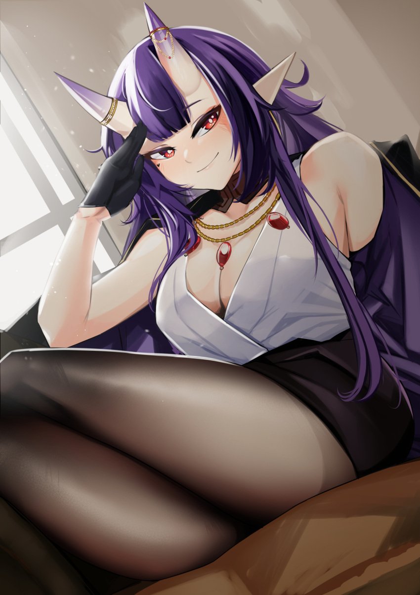 bangs bare_shoulders black_gloves black_jacket black_legwear black_skirt blush breasts brown_legwear captain_hannah choker cleavage closed_mouth crossed_legs female horns indoors jacket jewelry large_breasts long_hair looking_at_viewer miniskirt mole necklace off_shoulder oni oni_horns open_clothes pantyhose pencil_skirt pointy_ears purple_hair red_eyes shirt sitting skin-covered_horns skirt smile solo thighs virtual_youtuber white_shirt