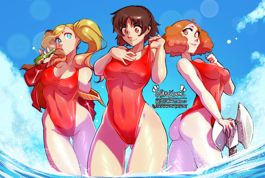 3girls absurd_res absurdres ann_takamaki aqua_eyes aqua_eyes_female ass ass_visible_from_the_front ass_visible_through_thighs axe bare_arms bare_hands bare_hips bare_legs bare_shoulders bare_skin bare_thighs baywatch_(cosplay) baywatch_(franchise) belly belly_button big_ass big_breasts blonde_eyebrows blonde_female blonde_hair blonde_hair_female blue_background blue_eyes blue_eyes_female blue_sky breasts brown_eyebrows brown_eyes brown_eyes_female brown_hair brown_hair_female busty busty_female busty_girl busty_teen cleavage clothing clouds collarbone cosplay curvaceous curvaceous_body curvaceous_female curvaceous_figure curvaceous_hips curvaceous_teen curvaceous_thighs curvy curvy_body curvy_female curvy_figure curvy_hips curvy_teen curvy_thighs day daytime dot_nose dripping_wet elbows exposed_arms exposed_hips exposed_legs exposed_shoulders exposed_skin exposed_thighs fair_skin female female_focus female_only fingers groin group hair_between_eyes half_submerged haru_okumura haysey_draws head_tilt hi_res high_resolution high_school_student highres horizon hourglass_figure human jacket large_breasts lean_body lean_figure legs lifeguard light-skined_female light-skinned light-skinned_female light_skin light_skin_female light_skinned light_skinned_female long_hair looking_down makoto_niijima medium_hair megami_tensei midriff multiple_females multiple_girls narrow_waist navel ocean off_shoulder one-piece_swimsuit open_jacket open_topwear orange_eyebrows orange_eyes orange_eyes_female orange_hair orange_hair_female outdoor outdoors outside pale-skinned_female pale_skin parted_bangs partially_submerged partially_submerged_legs persona persona_5 red_eyes red_jacket red_topwear school_girl school_girls sea seaside short_hair shoulders simple_background sky slender_body slender_waist slim_girl slim_waist smile smiley_face smirk smooth_skin soaked standing submerged_feet submerged_legs swimsuit swimwear teen_girl teenage_girl teenage_girls teenager thick_ass thick_thighs thigh_gap thighs thin_waist tilted_head topwear twintails twintails_(hairstyle) underboob upper_body v-line wavy_hair wet wet_belly wet_bikini wet_body wet_breasts wet_legs wet_skin wet_thighs wide_hips yellow_eyebrows yellow_hair yellow_hair_female