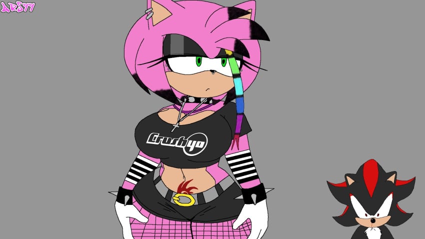 amy_rose ars99 big_breasts corruption emo emo_girl fishnet fishnet_legwear goth gothification gothified multicolored_hair nosebleed piercing scene scenecore shadow_the_hedgehog sonic_(series) sonic_the_hedgehog_(series) tattoo thick_thighs