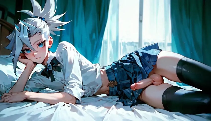 ai_generated bedroom blue_eyes bowtie button_down_shirt femboy hair_tied hotel_room mahamoan mila_matsumoto oc original original_character penis penis_out penis_under_skirt plaid_skirt skirt solo solo_femboy thighhigh_socks thighhighs white_hair