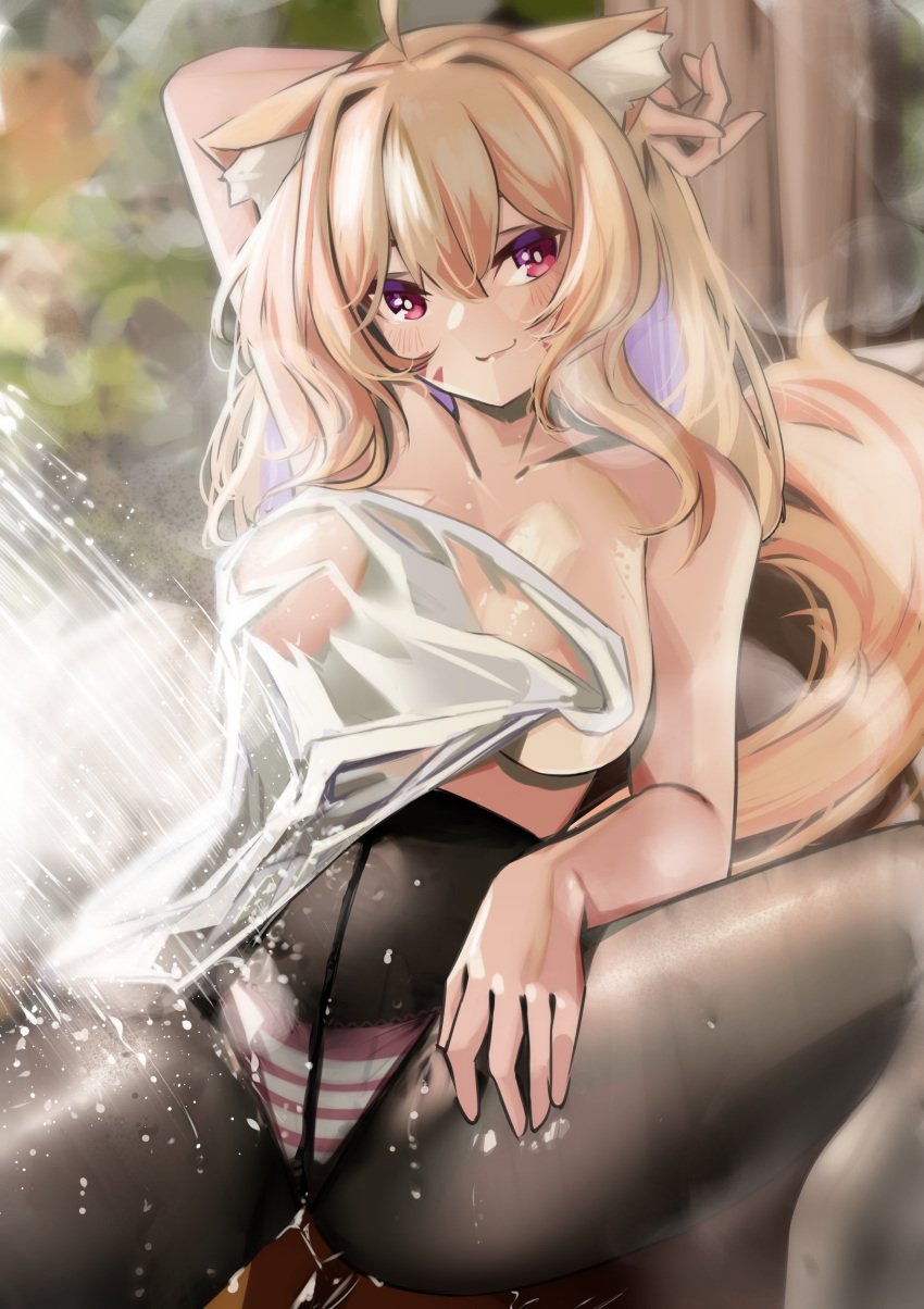 ahoge animal_ear_fluff animal_ears bangs blonde_hair blurry blurry_background blush breasts cat_ears cat_tail closed_mouth collarbone depth_of_field eyebrows_visible_through_hair facial_mark female hair_between_eyes large_breasts long_hair looking_at_viewer nude_cover panties pantyhose partially_submerged pink_eyes red_eyes sitting slit_pupils smile solo spread_legs squchan_(vtuber) steam striped striped_panties tail towel twintails underwear very_long_hair virtual_youtuber vyugen wet