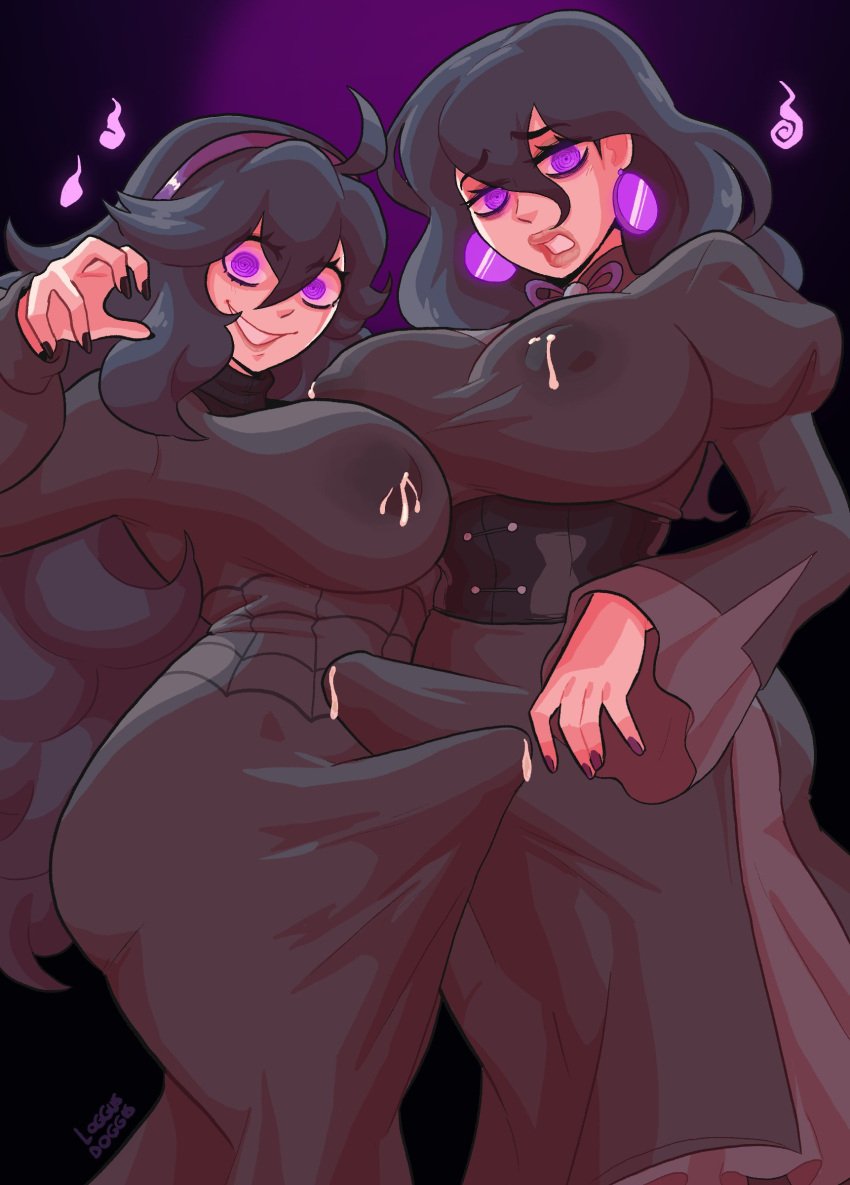 2futas @_@ big_breasts black_background black_hair clothing dress duo earrings erection erection_under_clothes fully_clothed futa_only futanari hairband hex_maniac hex_maniac_(z-a) hi_res huge_breasts human lactation lactation_through_clothes large_breasts loggus_doggus long_dress long_hair looking_at_viewer nintendo nipple_bulge pokemon pokemon_legends:_arceus purple_eyes smiling smiling_at_viewer standing