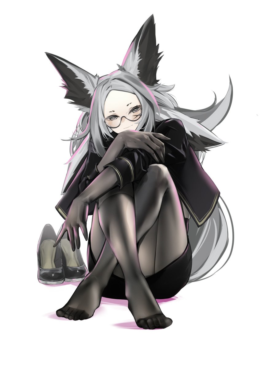 animal_ear_fluff animal_ears black-framed_eyewear black_footwear black_gloves black_legwear black_skirt closed_mouth dya_rikku_(vtuber) feet female forehead full_body glasses gloves grey_hair jacket long_hair long_sleeves looking_at_viewer miniskirt no_shoes pantyhose pencil_skirt semi-rimless_eyewear shoes shoes_removed silver_hair simple_background sitting skirt soles solo striped tail toes under-rim_eyewear very_long_hair virtual_youtuber vyugen white_background