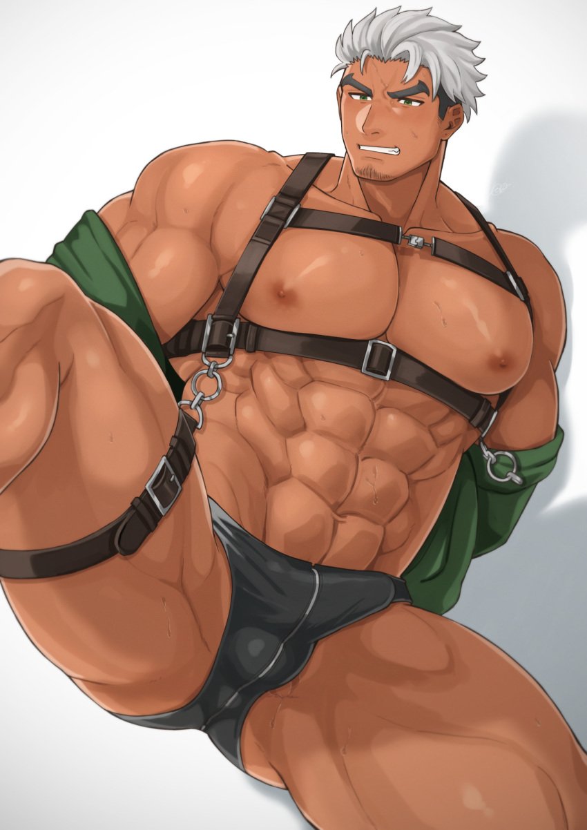 1boy abs arms_behind_back ass_visible_through_thighs balls_under_clothes bara beard_stubble beefy biceps big_areola big_breasts black_hair bulge bulge_through_clothing clothes_removed collar eight_pack gay green_eyes gritted_teeth harada_(basashi) hi_res hunk legs_up lying lying_on_back lying_on_ground male male_breasts male_only manly mature_male multicolored_hair muscles muscular muscular_arms muscular_legs muscular_male muscular_thighs oppai original original_character pecs quadriceps restrained shadow six_pack solo spread_legs straps sweat sweatdrop thick_arms thick_eyebrows thick_thighs thong tight_clothing topless tough_guy v-shaped_eyebrows white_background white_hair wide_shoulders yaoi zipper