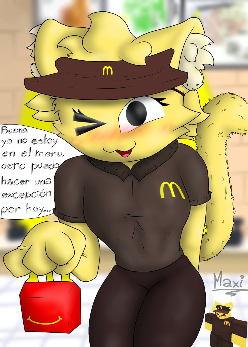 2d 2d_(artwork) 2d_artwork 4_fingers anthro cat_ears cat_tail catgirl female female_only maxirb mcdonald's reference_image roblox roblox_avatar robloxian self_upload spanish_text tagme tail text watermark yellow_body yellow_hair yellow_skin