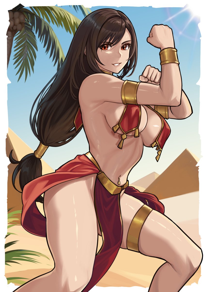 black_hair brown_eyes desert final_fantasy_vii large_breasts long_hair looking_at_viewer navel_piercing pyramid redjet shiny_skin tifa_lockhart voluptuous wide_hips