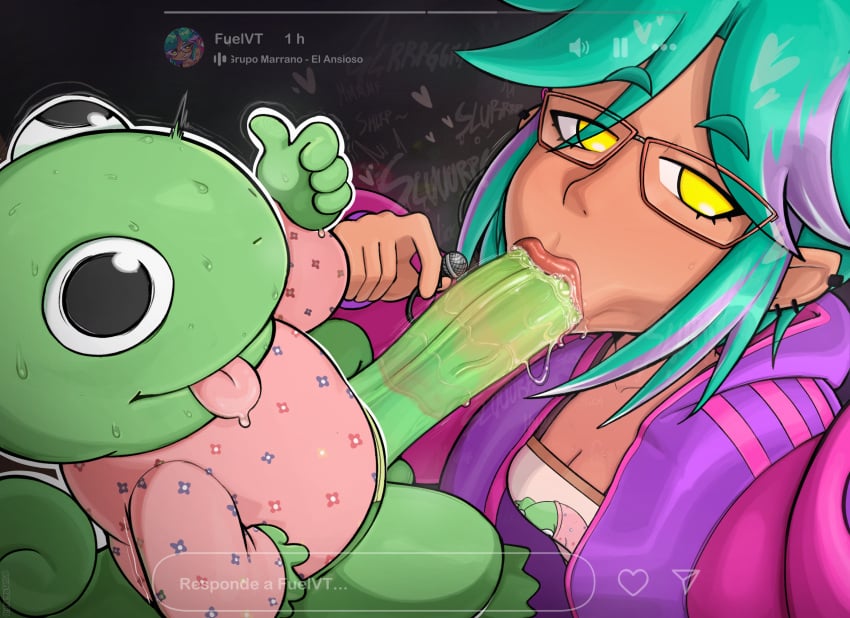 balls blush bodily_fluids breasts clothed clothing digital_media_(artwork) electronics erection eyewear fellatio fuelvt genital_fluids genitals glasses green_body green_hair hair hi_res hispanic_virtual_youtuber holding_object huge_cock human_on_anthro humanoid_genitalia humanoid_penis instagram labia latina lizard looking_at_viewer male_penetrating microphone oral oral_penetration owozu penetration penis recording recording_video reptile saliva saliva_drip saliva_on_penis saliva_string scalie sloppy_blowjob slurping smile spanish_text superbinario sweat sweatdrop tail text thumbs_up topwear vacuum_fellatio virtual_youtuber vtuber yellow_eyes youtuber