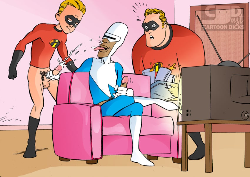 3boys 3males aged_up bob_parr cumshot dark-skinned_male dark_skin dash_parr disney frozone gay human_male indoors interracial justcartoondicks.com light-skinned_male lucius_best male male/male male/male/male mr._incredible pixar robert_parr the_incredibles yaoi