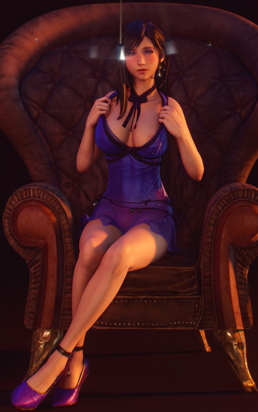 3d 3d_(artwork) areolae armchair artist_name black_hair blue_dress blue_high_heels blush chair dress final_fantasy final_fantasy_vii final_fantasy_vii_remake fit_female high_heels highres hypnosis hypnosis hypnotized_female long_hair makeup nipples pendulum posing posing_for_the_viewer red_eyes short_dress sitting sitting_on_chair sreliata_(artist) stripping taking_clothes_off tifa_lockhart toned