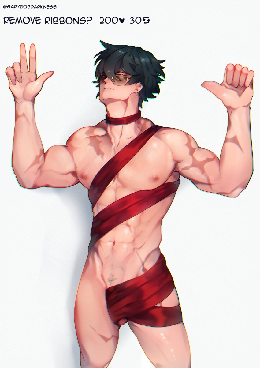 1boy 1male gay glasses green_hair lighter_(zenless_zone_zero) male male_only meme_reference muscles muscular muscular_arms muscular_male muscular_thighs nude_guy_wrapped_in_ribbons_standing_(meme) pecs pectorals red_ribbon scar simple_background tip zenless_zone_zero