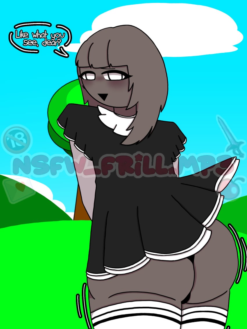 1boy 1femboy ariel_(sprunki_oc) balls_in_panties big_ass big_butt big_thighs black_panties black_underwear blush blushing_male clothed cute_male femboy femboy_only feminine_faced_male feminine_male grass_field incredibox incredibox_mod incredibox_oc jiggling_ass jiggling_butt lolita_dress lolita_fashion looking_at_viewer maid_uniform mr.tree_(sprunki) oc oc_(sprunki) open_smile original_character round_ass round_butt sky_background speech_bubble sprunki talking_to_viewer taupe_(sprunki_oc) text text_bubble thighhighs voluptuous_femboy white_eyes wobbling wobbling_butt