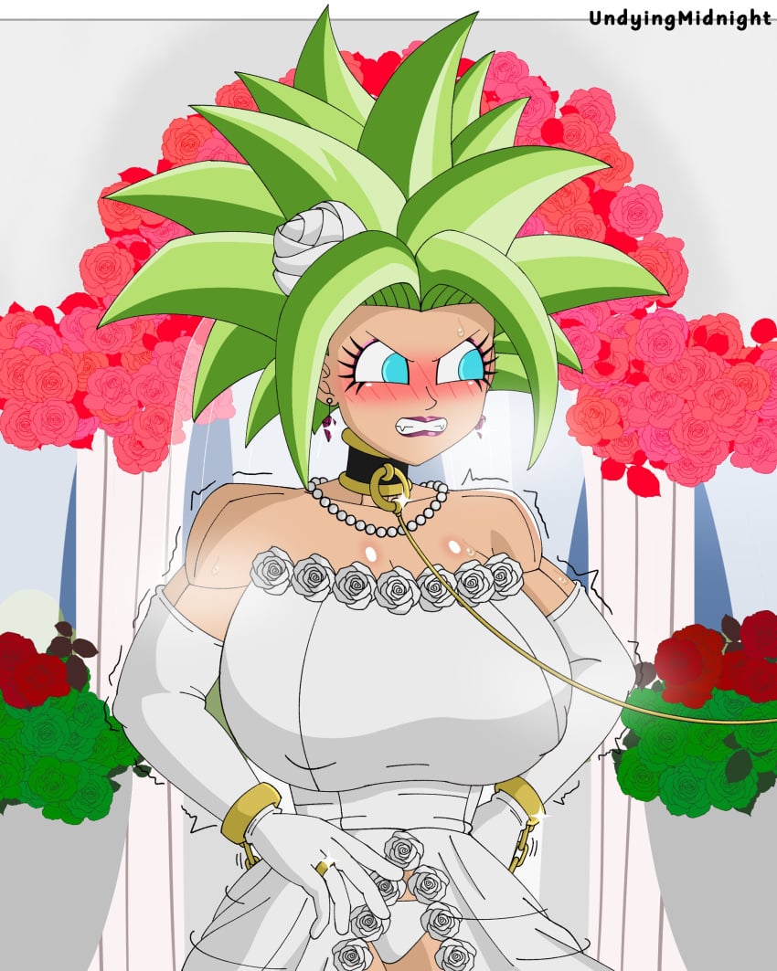 alternate_version_available angry big_breasts bondage chains dragon_ball dragon_ball_super fusion gold_(metal) huge_breasts kefla leash lipstick midnightundying_(artist) muscular potara_earrings submissive_female super_saiyan super_saiyan_2 sweat sweatdrop sweating wedding wedding_dress wedding_lingerie wedding_ring wedding_veil