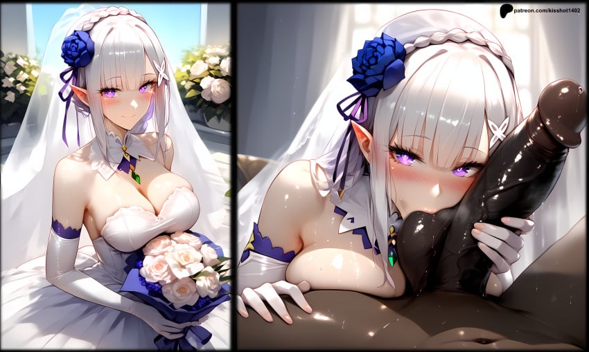 1boy 1girls ai_generated cheating cheating_wife cock_worship dark-skinned_male dark_skin emilia_(re:zero) female instant_loss instant_loss_2koma kiss-shot netorare ntr re:zero_kara_hajimeru_isekai_seikatsu testicle_sucking wedding wedding_dress