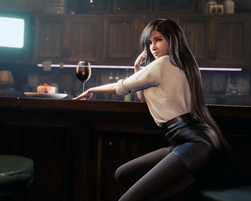 3d 3d_(artwork) 7th-heaven artist_name bar black_hair dinner final_fantasy final_fantasy_vii final_fantasy_vii_remake fit_female highres leather leather_clothing leather_skirt long_hair looking_at_viewer pantyhose pie posing_for_the_viewer red_eyes red_wine short_skirt sitting_on_chair skirt smirk sreliata_(artist) tifa_lockhart toned waiting white_blouse white_shirt wine wine_glass