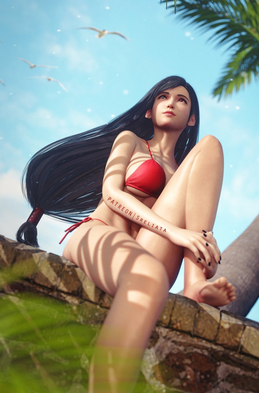 3d 3d_(artwork) artist_name beach bikini bikini_bottom bikini_top black_fingernails black_hair costa_del_sol final_fantasy final_fantasy_vii final_fantasy_vii_rebirth final_fantasy_vii_remake fit_female hair_ornament highres holding_leg long_hair looking_up painted_nails palm_tree patreon red_bikini red_eyes ribbon seagull sitting_on_wall sreliata_(artist) tifa_lockhart toned