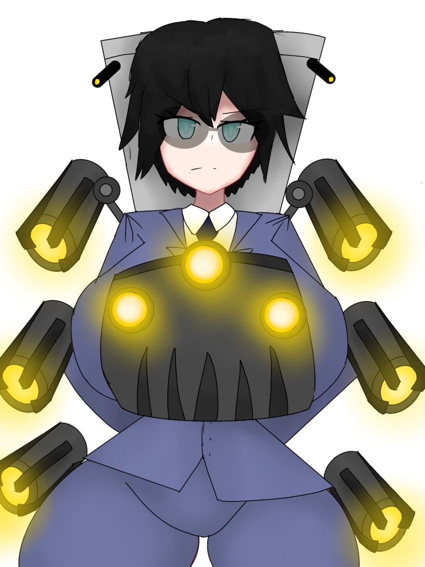 big_breasts black_hair blue_eyes g-man genderswap_(ftm) glasses laser_gun miss_moji necktie short_hair skibidi_toilet suit suit_and_tie toilet