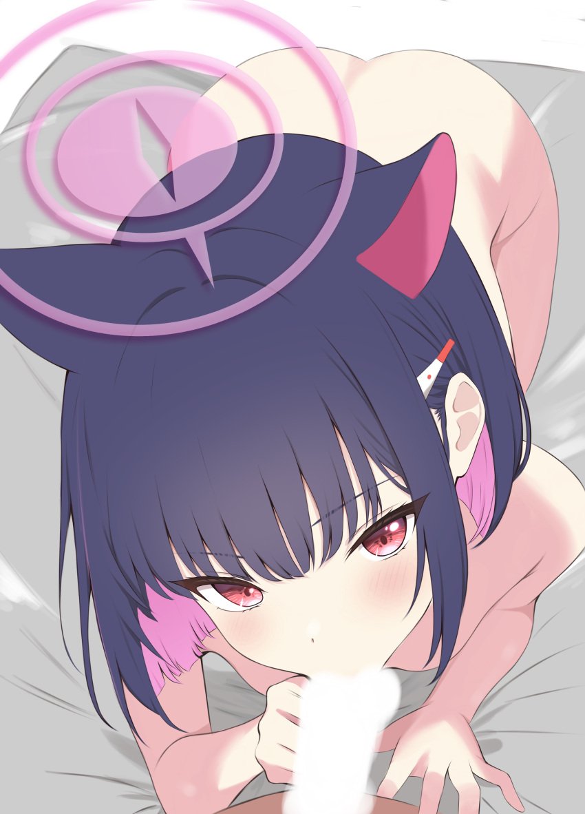 absurdres animal_ears bed_sheet black_hair blue_archive blush cat_ears censored colored_inner_animal_ears colored_inner_hair commentary completely_nude extra_ears fellatio female hair_ornament hairclip halo highres kazusa_(blue_archive) kneeling kurumi_kororin looking_at_viewer looking_up multicolored_hair nude on_bed oral pink_halo red_eyes