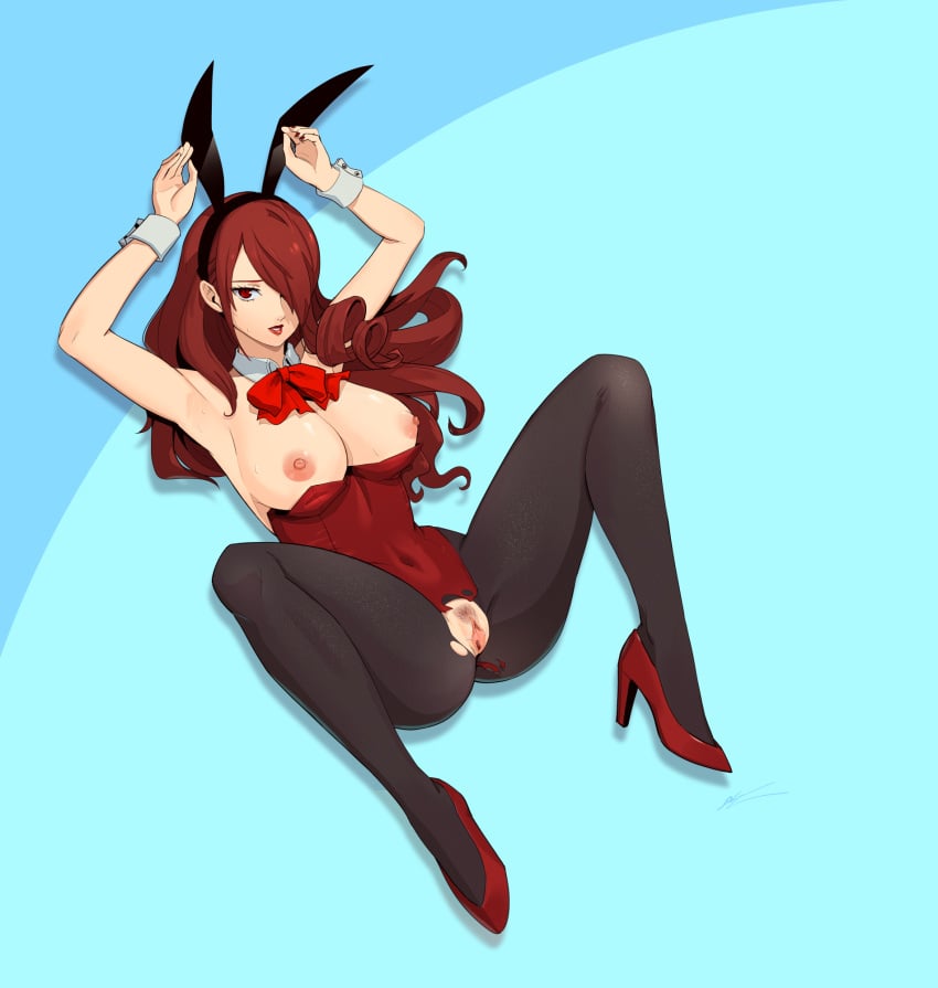 breasts breasts_out bunny_ears bunnysuit eightyfourart heels mitsuru_kirijo one_eye_closed pantyhose persona persona_3 pubic_hair red_eyes red_hair ripped_clothing sweatdrop