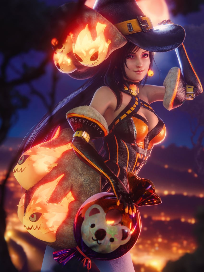 3d 3d_(artwork) artist_name black_hair bomb_(final_fantasy) cleavage earrings elbow_gloves final_fantasy final_fantasy_vii final_fantasy_vii_remake fit_female gloves halloween highres holding_object leather leather_clothing long_hair looking_at_viewer neck_hold night night_sky red_eyes sreliata_(artist) tifa_lockhart toned witch_costume witch_hat