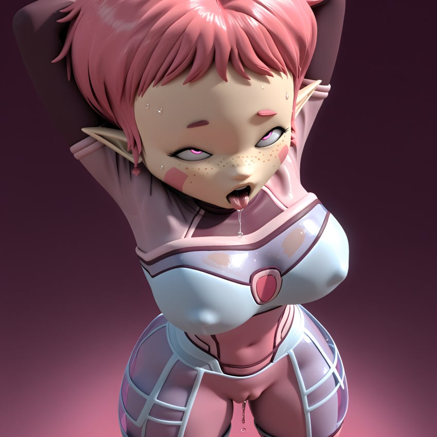 aelita_schaeffer ai_generated allmightyeagle_(ame) arms_behind_head bodysuit code_lyoko elf_ears freckles glowing_eyes light-skinned_female light_skin nipples_visible_through_clothing pink_bodysuit pink_eyes pink_hair pointy_ears pussy_juice pussy_juice_drip saliva saliva_drip saliva_string saliva_trail stable_diffusion standing sweat sweaty_body wet