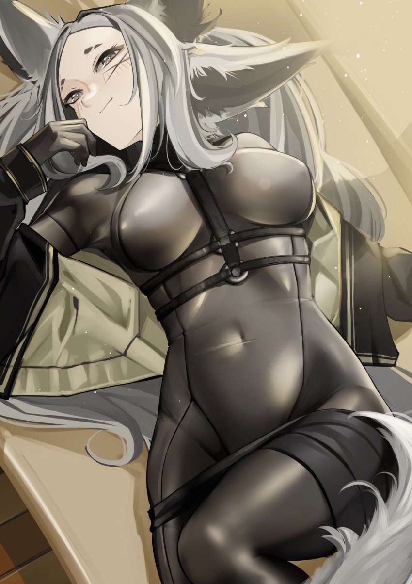 animal_ear_fluff animal_ears bangs black_legwear blush bodysuit breasts closed_mouth covered_navel dya_rikku_(vtuber) female fox_ears fox_tail gloves horse_ears jacket large_breasts long_hair long_sleeves looking_at_viewer lying on_back pale_skin pantyhose silver_eyes silver_hair smile solo tail virtual_youtuber vyugen white_hair