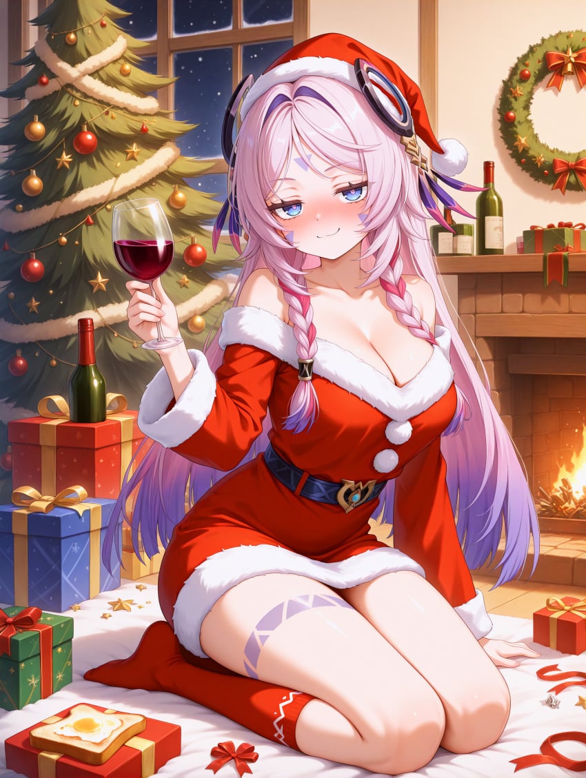 1girls ai_generated blue_eyes breasts christmas christmas_outfit christmas_tree citlali_(genshin_impact) drink drunk genshin_impact looking_at_viewer pink_hair santa_costume santa_hat smile