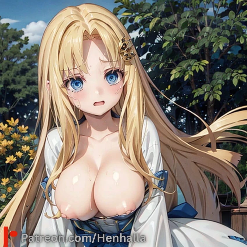 ai_generated big_breasts blue_eyes breasts crying dress filo gold_hair henhalla shy young younger_female