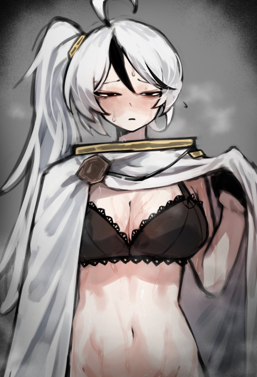 1girls black_streaks cloak female female_focus female_only genderswap_(mtf) lace-trimmed_bra library_of_ruina male_to_female partially_clothed project_moon rule_63 shigezie side_ponytail steam steaming_body white_hair yan_vismok