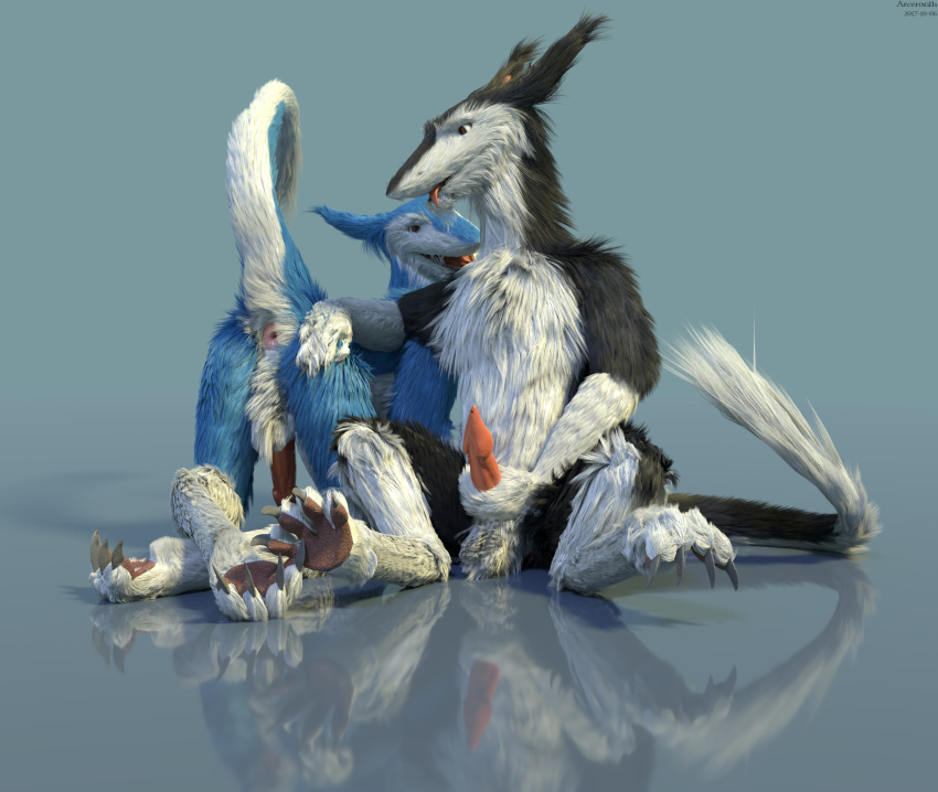 2017 3d 4_toes animal_genitalia animal_penis anthro anthro_on_anthro anus arceronth ass balls black_fur blep blue_fur brown_eyes butt_shot claws duo fluffy fur grey_background grey_claws hand_on_ass looking_back male masturbation nameless_character nude pawpads penis presenting raised_tail reflection sergal simple_background sitting toe_claws toes tongue tongue_out white_fur yaoi