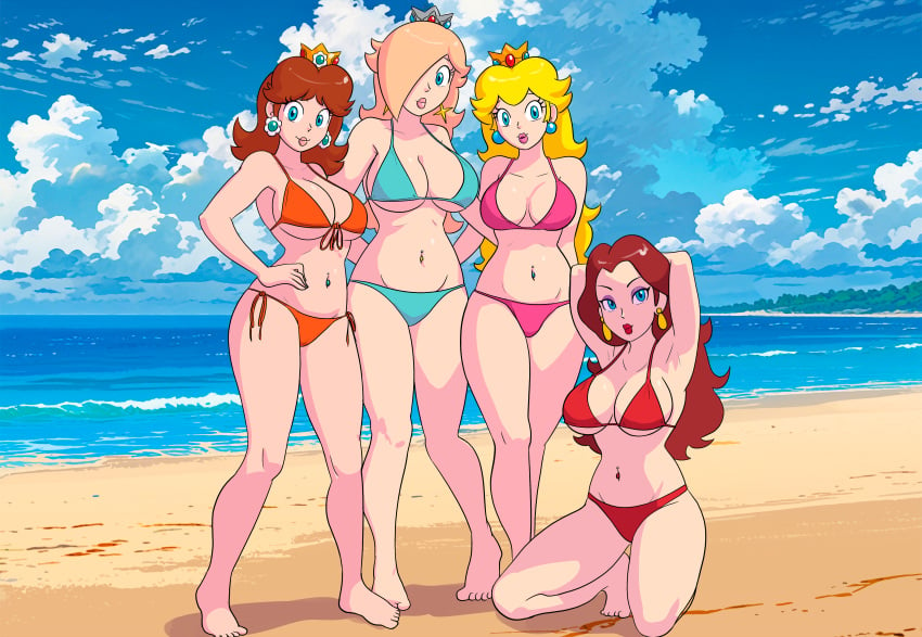 4girls beach bikini breasts female females furboz navel_piercing nintendo pauline princess_daisy princess_peach princess_rosalina super_mario_bros.