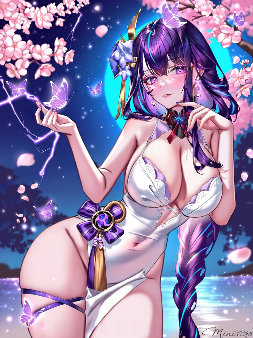 absurd_res ai_generated bangs bare_shoulders blue_butterfly blush braid branch breasts bug butterfly butterfly_on_hand cherry_blossoms cleavage covered_navel dress earrings eyebrows_visible_through_hair falling_petals female flower full_moon genshin_impact glowing_butterfly hair_ornament hanami horns jewelry large_breasts long_hair looking_at_viewer ministro mole moon moonlight multicolored_hair night night_sky petals pink_flower purple_eyes purple_hair raiden_shogun sky smile solo spring_(season) star_(sky) starry_sky thigh_strap tree very_long_hair white_butterfly wisteria