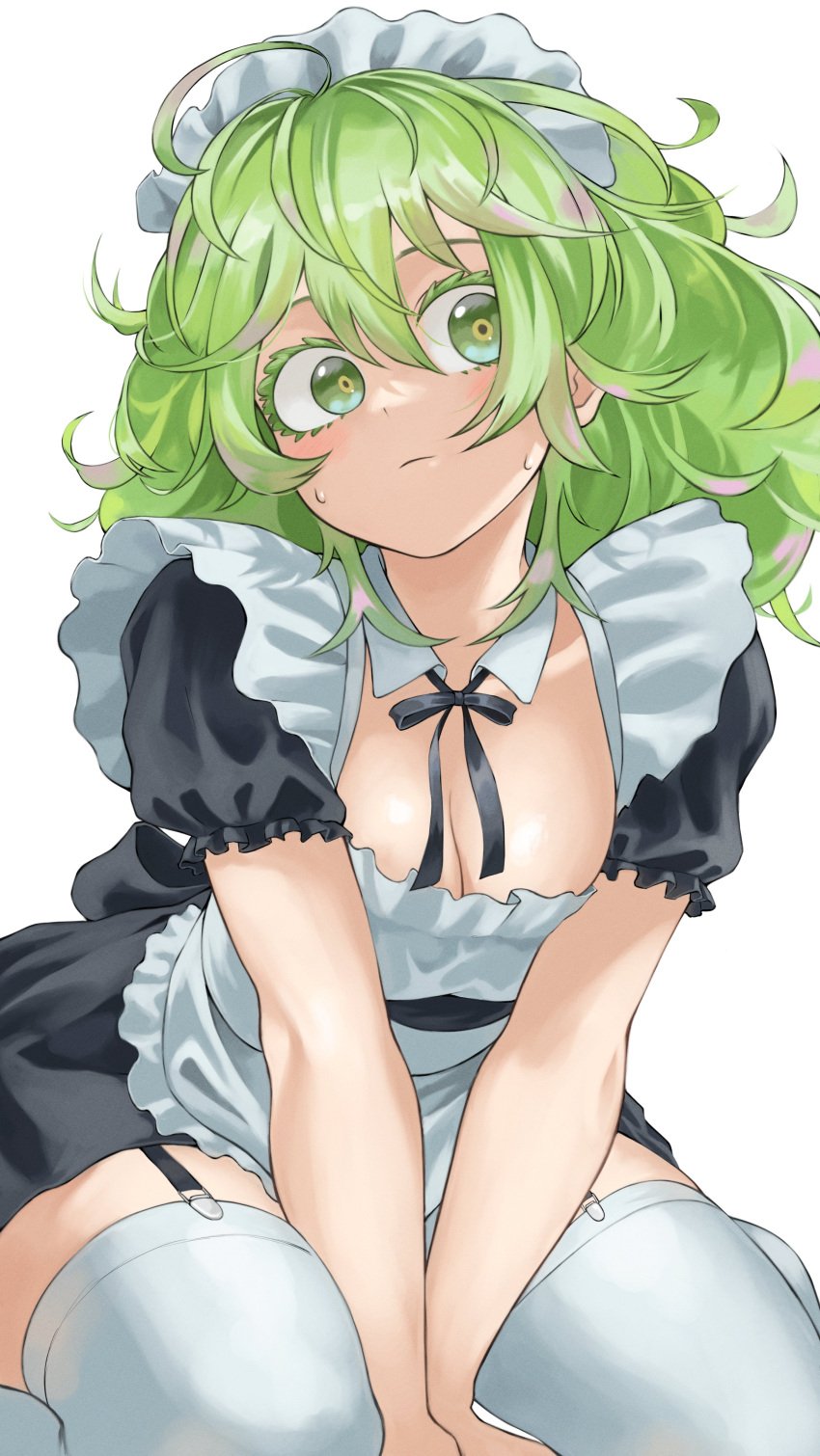 apron blush breasts cleavage closed_mouth collarbone fengling_(furin-jp) garter_straps green_eyes green_hair maid_apron maid_headdress maid_uniform medium_breasts medium_hair my_hero_academia seiza short_sleeves sweatdrop thighhighs thighs tooru_hagakure tooru_hagakure_(visible) white_thighhighs zettai_ryouiki