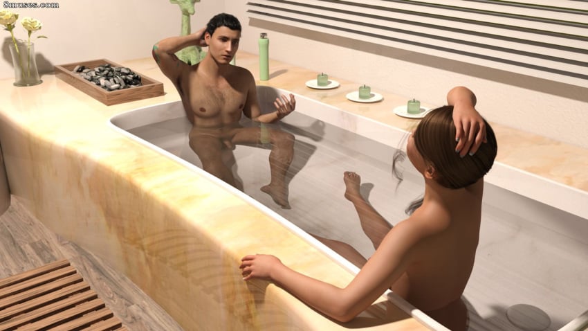 1boy 1boy1girl 1girl1boy 1girls 3d 3d_(artwork) 3d_background 3d_model 3d_render absolutely_nothing_on athletic_male bath bathroom bathtub black_hair brown_hair caucasian caucasian_female caucasian_male claire_(surody) completely_naked completely_naked_female completely_nude completely_nude_female female flower jason_(surody) looking_at_each_other male naked naked_female naked_male nude nude_female nude_male original_character original_characters romantic romantic_ambiance seducing sitting_in_bathtub sitting_in_water slim_female surody talking talking_to_partner tattoo tattooed tattooed_arm tattooed_male water