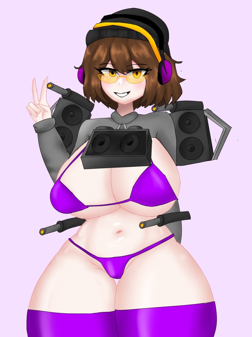 amber_eyes beanie_hat bikini brown_hair dj dj_skibidi_toilet(skibidi_toilet) genderswap glasses headphones laser_gun miss_moji open_clothes purple_bikini short_hair skibidi_girl skibidi_toilet smiling speaker stockings sweater yellow_glasses