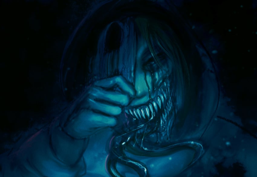 1other artist_request blood blood_from_eyes blue_theme creepypasta hand handjob horror_(theme) monochrome portrait sharp_teeth tentacle tongue tongue_out